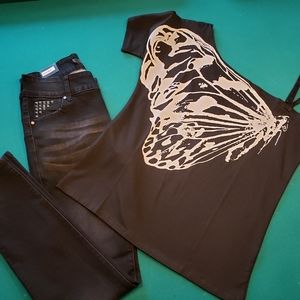 Black and White top with one shoulder off